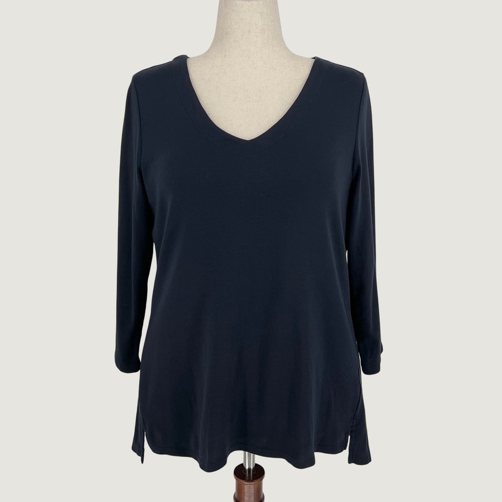 J. Jill Womens Pima Cotton 3/4 Sleeve V-Neck Top Size L Navy Blue Casual Knit